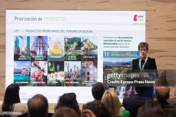 The Provincial Deputy for Transport, Mobility and Tourism of Bizkaia, Sonia Perez, speaks during the presentation of the new tourism products Bilbao...