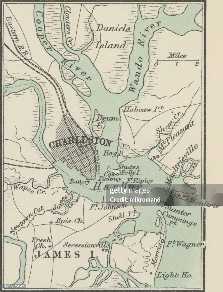 Old engraved map of Charleston, the most populous city in the U.S. state of South Carolina, the county seat of Charleston County, and the principal city in the Charleston metropolitan area