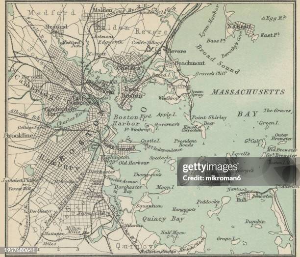 old engraved map of boston, city in massachusetts - boston massachusetts stock pictures, royalty-free photos & images