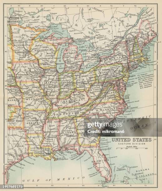 old chromolithograph map of united states of america - eastern division - geography of illinois stock pictures, royalty-free photos & images
