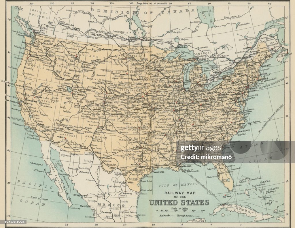 Old chromolithograph of railway map of United States