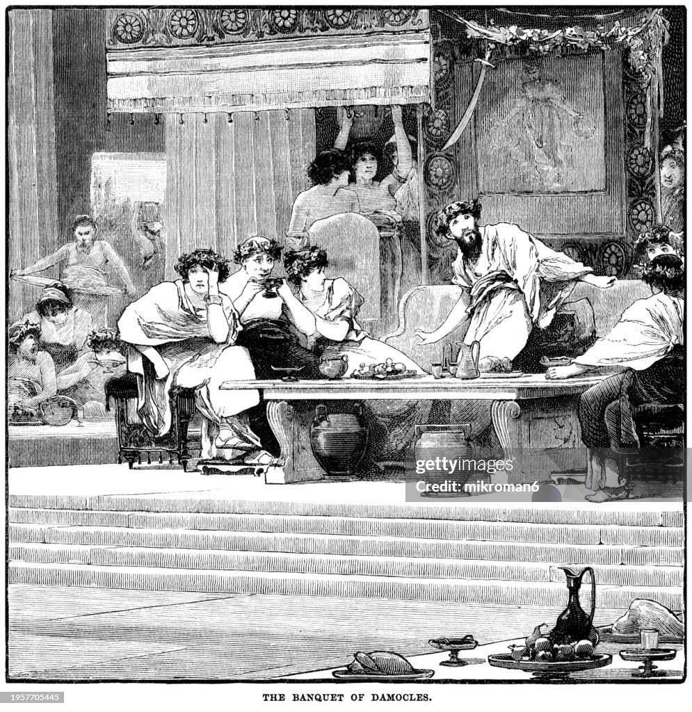 Old engraved illustration of banquet of Damocles - Damocles, a courtier in the court of Dionysius I of Syracuse, a ruler of Syracuse, Sicily, Magna Graecia, during the classical Greek era