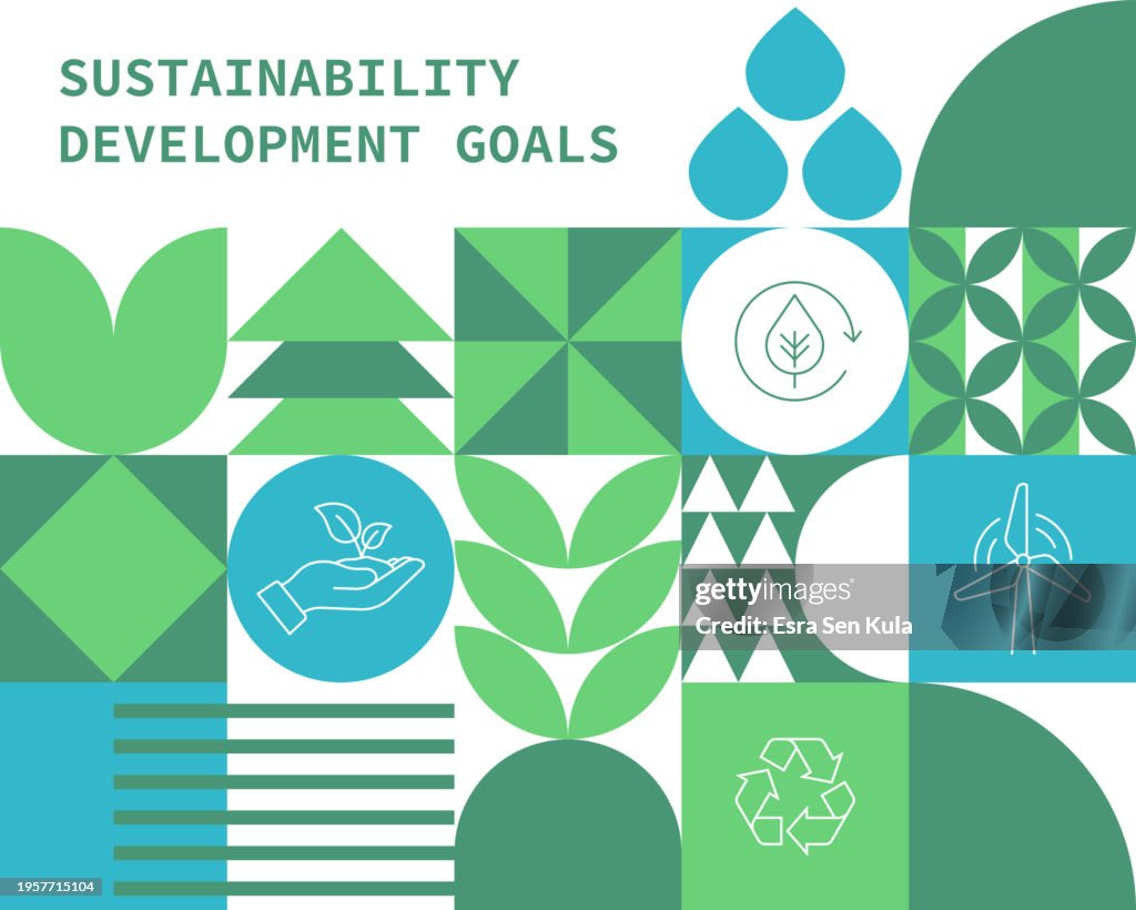Sustainability and Environmental themed, in Bauhaus style, a vector composition consisting of abstract geometric shapes.