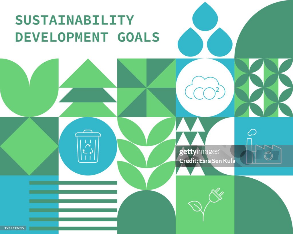 Sustainability and Environmental themed, in Bauhaus style, a vector composition consisting of abstract geometric shapes.
