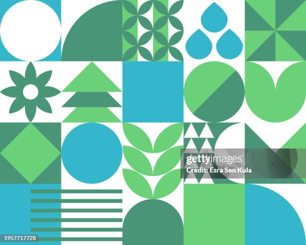 bildbanksillustrationer, clip art samt tecknat material och ikoner med sustainability and environmental themed, in bauhaus style, a vector composition consisting of abstract geometric shapes. - miljöfrågor