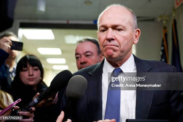 Boeing CEO Dave Calhoun speaks to reporters as he departs from a meeting at the office of Sen. Mark Warner on Capitol Hill January 24, 2024 in...