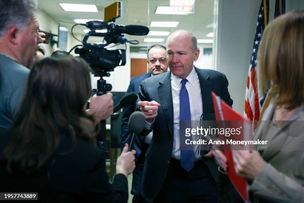 Boeing CEO Dave Calhoun departs from a meeting at the office of Sen. Mark Warner on Capitol Hill January 24, 2024 in Washington, DC. Calhoun is...