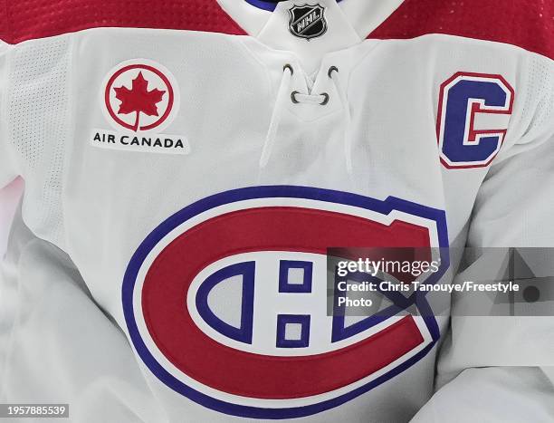 Detailed view of Nick Suzuki of the Montreal Canadiens jersey and the Air Canada patch during a game against the Ottawa Senators at Canadian Tire...