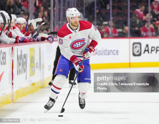 Joel Armia of the Montreal Canadiens at Canadian Tire Centre on January 18, 2024 in Ottawa, Ontario, Canada.