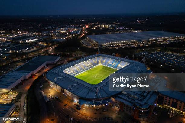 An aerial view of Select Car Leasing Stadium ahead of the FA Women's Continental Tyres League Cup match between Reading and Arsenal at Select Car...