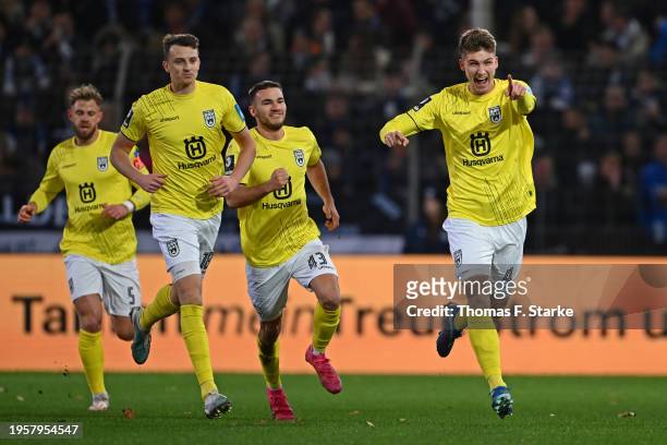 Tom Gaal of Ulm celebrates during the 3. Liga match between Arminia Bielefeld and SSV Ulm 1846 at Schueco Arena on January 24, 2024 in Bielefeld,...