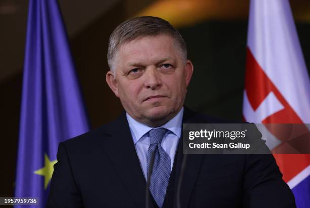 Slovak Prime Minister Robert Fico speaks to the media prior to talks with German Chancellor Olaf Scholz at the Chancellery on January 24, 2024 in...