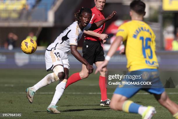 Real Madrid's French midfielder Eduardo Camavinga controls the ball during the Spanish league football match between UD Las Palmas and Real Madrid CF...