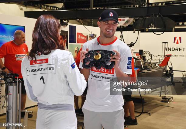 Helena Christensen and Andretti Formula E racing driver Jake Dennis attend day two of the Formula E World Championships 2024 Diriyah E-Prix on...