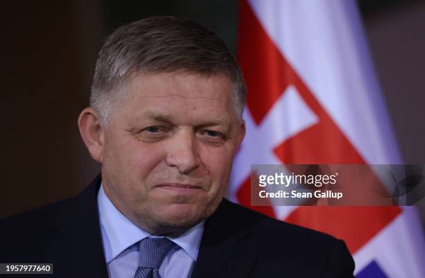 Slovak Prime Minister Robert Fico speaks to the media prior to talks with German Chancellor Olaf Scholz at the Chancellery on January 24, 2024 in...