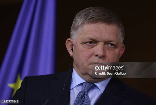 Slovak Prime Minister Robert Fico speaks to the media prior to talks with German Chancellor Olaf Scholz at the Chancellery on January 24, 2024 in...