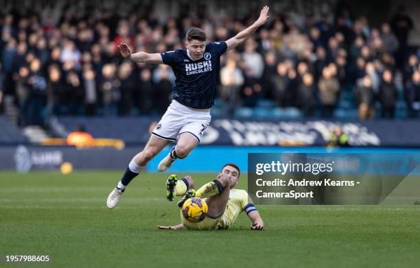Preston North End's Ben Whiteman competing with Millwall's Kevin Nisbet during the Sky Bet Championship match between Millwall and Preston North End...
