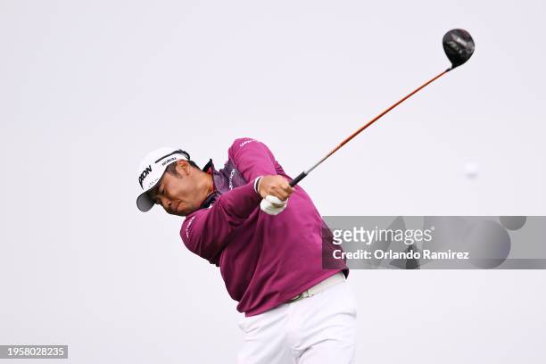 Hideki Matsuyama of Japan hits his shot from the 11th tee during the first round of the Farmers Insurance Open on the Torrey Pines North Course on...
