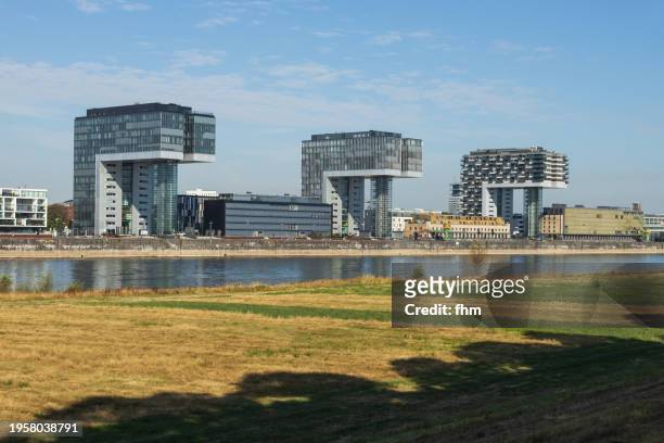 cologne skyline next to rhine river (germany) - rhine river stock pictures, royalty-free photos & images