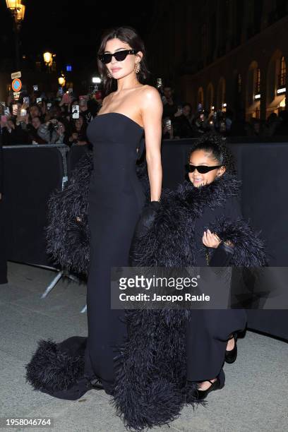 Kylie Jenner and Stormi Webster attend the Valentino Haute Couture Spring/Summer 2024 show as part of Paris Fashion Week on January 24, 2024 in...