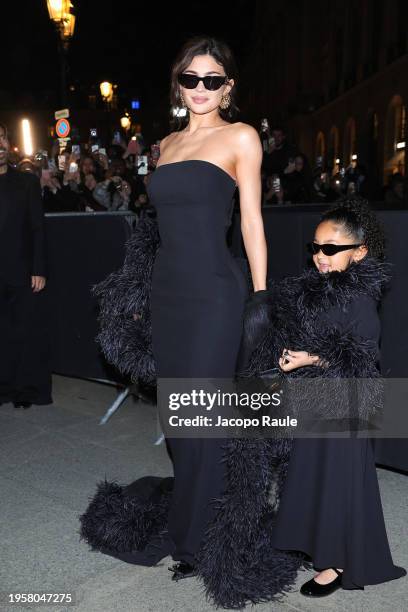 Kylie Jenner and Stormi Webster attend the Valentino Haute Couture Spring/Summer 2024 show as part of Paris Fashion Week on January 24, 2024 in...