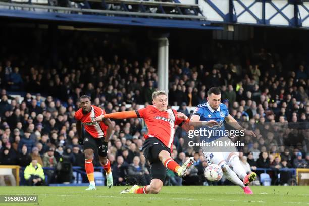 Jack Harrison of Everton scores the sides first goal to make it 1-1 during the Emirates FA Cup Fourth Round match between Everton and Luton Town at...