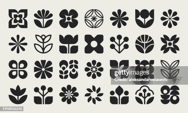 illustrazioni stock, clip art, cartoni animati e icone di tendenza di graphic flower and leaves icons - spring flowers clipart