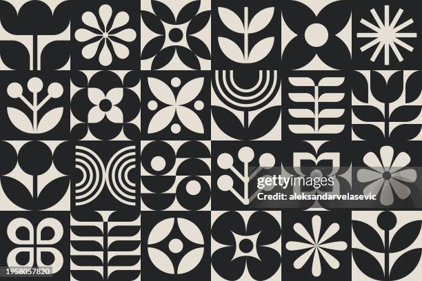 ilustraciones, imágenes clip art, dibujos animados e iconos de stock de patrón sin costuras de iconos gráficos de flores y hojas - estilo boho