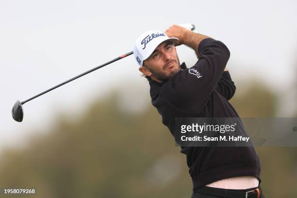 Max Homa of the United States hits his shot from the second tee during the first round of the Farmers Insurance Open on the Torrey Pines South Course...