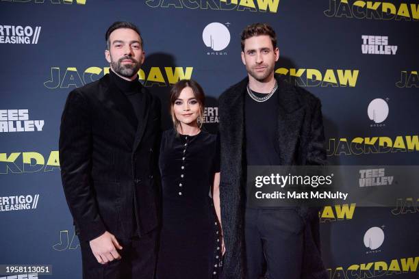 Jamie Childs, Jenna Coleman and Oliver Jackson-Cohen attend the UK Premiere of "Jackdaw" at the Showcase Cinema de Lux Teesside on January 24, 2024...