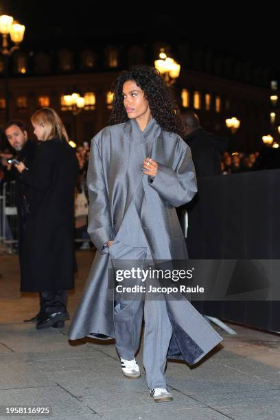 Tina Kunakey is seen arriving at the Valentino after party during the Haute Couture Spring/ Summer 2024 as part of Paris Fashion Week on January 24,...