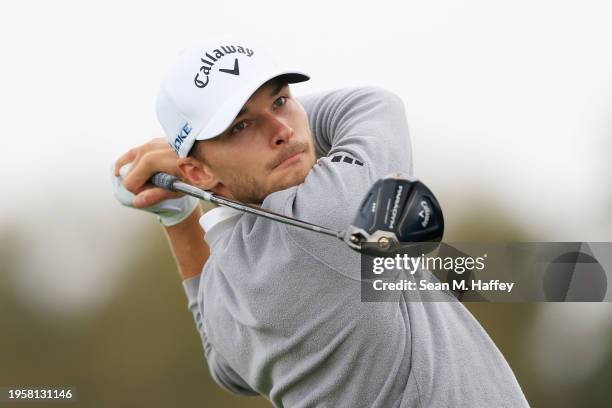 Nicolai Hojgaard of Denmark hits his shot from the second tee during the first round of the Farmers Insurance Open on the Torrey Pines South Course...