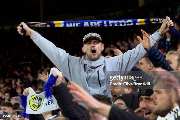 Leeds United fan shows their support prior to the Sky Bet Championship match between Leeds United and Norwich City at Elland Road on January 24, 2024...