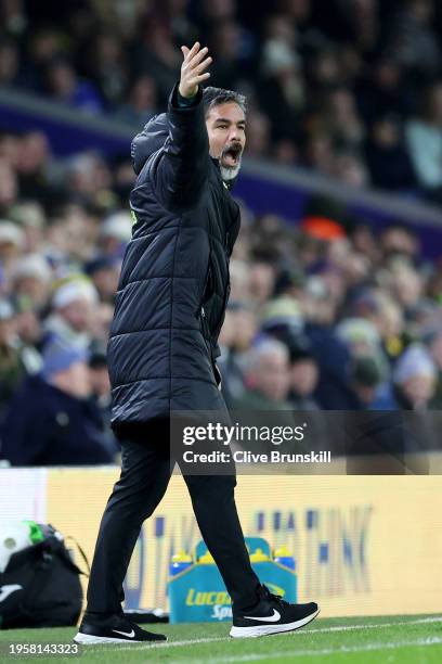 David Wagner, Manager of Norwich City, reacts during the Sky Bet Championship match between Leeds United and Norwich City at Elland Road on January...