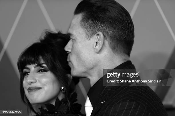 Shay Shariatzadeh and John Cena attend the World Premiere of "Argylle" at the Odeon Luxe Leicester Square on January 24, 2024 in London, England.