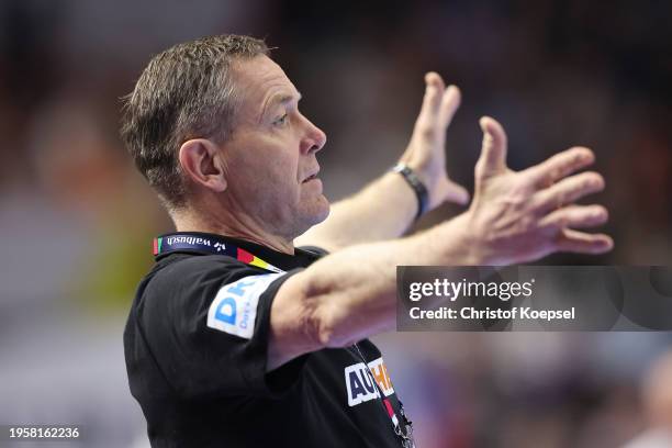 Alfred Gislason, head coach of Germany reacts during the Men's EHF Euro 2024 main round match between Germany and Croatia at Lanxess Arena on January...