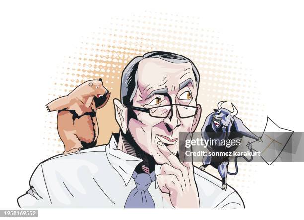 illustrazioni stock, clip art, cartoni animati e icone di tendenza di uomo d'affari investitore profondamente nel pensiero - certificato azionario