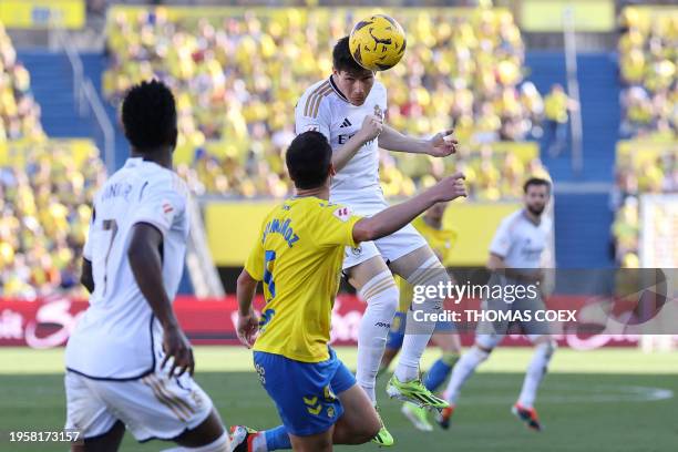Real Madrid's Spanish defender Fran Garcia heads the ball during the Spanish league football match between UD Las Palmas and Real Madrid CF at the...
