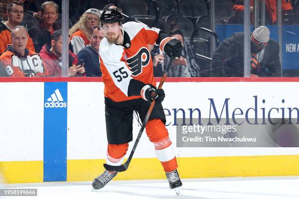 Rasmus Ristolainen of the Philadelphia Flyers reacts after passing the puck against the Tampa Bay Lightning at the Wells Fargo Center on January 23,...