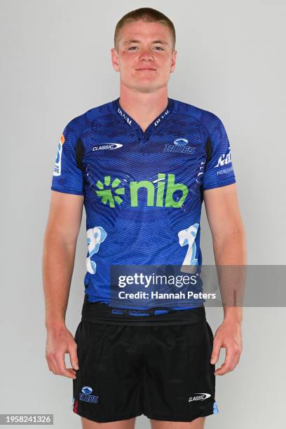 Anton Segner poses during the Blues 2024 Super Rugby Headshots Session on January 23, 2024 in Auckland, New Zealand.