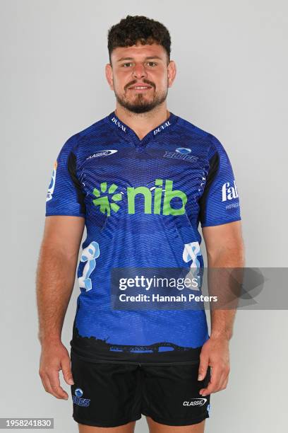 Ricky Riccitelli poses during the Blues 2024 Super Rugby Headshots Session on January 23, 2024 in Auckland, New Zealand.