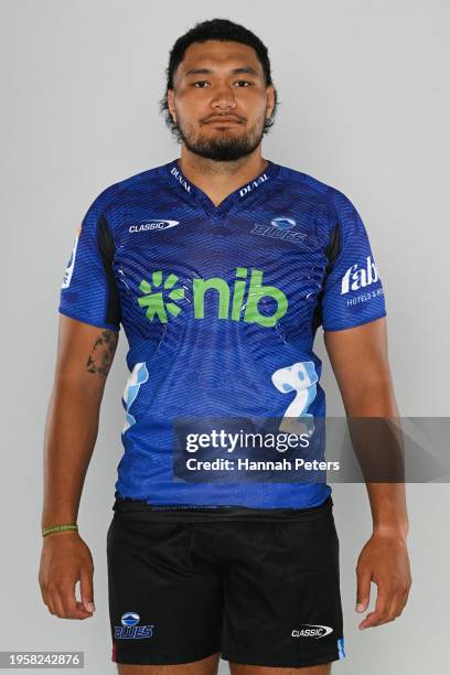 Cameron Suafoa poses during the Blues 2024 Super Rugby Headshots Session on January 23, 2024 in Auckland, New Zealand.