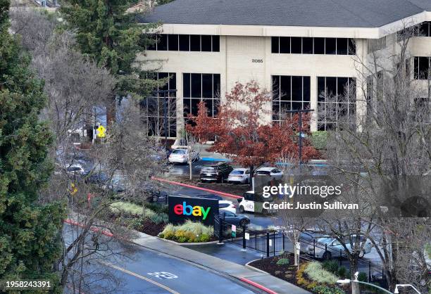 Sign is posted in front of eBay headquarters on January 24, 2024 in San Jose, California. EBay announced plans to lay off 1,000 jobs, an estimated 9...