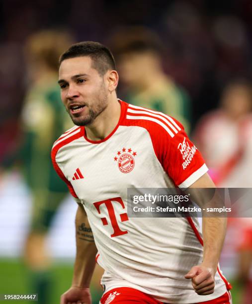 Raphael Guerreiro of Bayern Muenchen celebrates as he scores the goal 1:0 during the Bundesliga match between FC Bayern München and 1. FC Union...