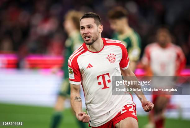 Raphael Guerreiro of Bayern Muenchen celebrates as he scores the goal 1:0 during the Bundesliga match between FC Bayern München and 1. FC Union...