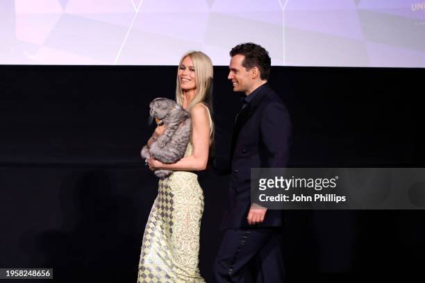 Claudia Schiffer and Henry Cavill on stage during the World premiere of "Argylle" at Odeon Luxe Leicester Square on January 24, 2024 in London,...