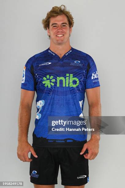 Sam Darry poses during the Blues 2024 Super Rugby Headshots Session on January 23, 2024 in Auckland, New Zealand.