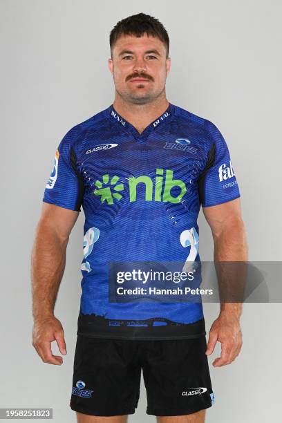 Kurt Eklund poses during the Blues 2024 Super Rugby Headshots Session on January 23, 2024 in Auckland, New Zealand.