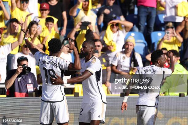 Real Madrid's French defender Aurelien Tchouameni celebrates with Real Madrid's German defender Antonio Rudiger after scoring his team's second goal...