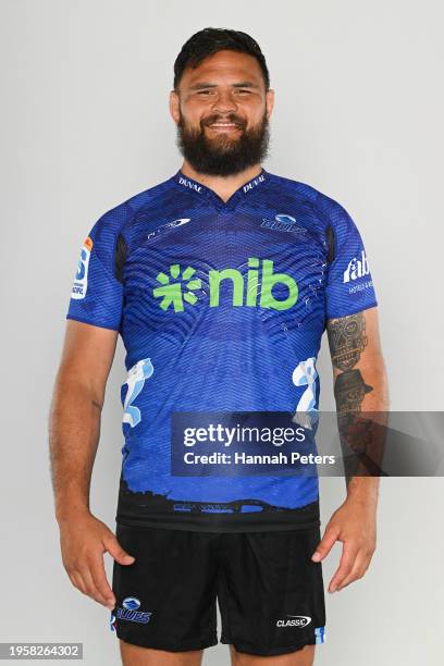 Angus Ta'avao poses during the Blues 2024 Super Rugby Headshots Session on January 23, 2024 in Auckland, New Zealand.